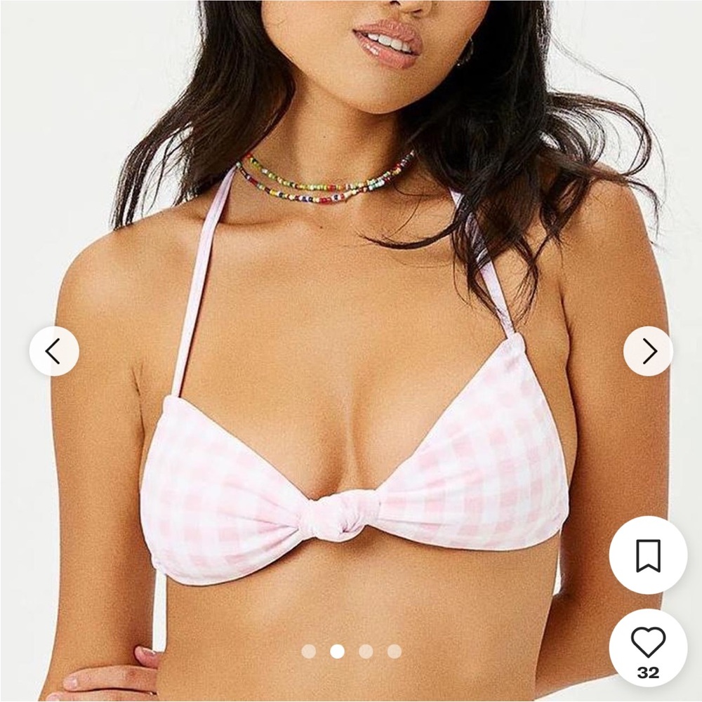 NEW Frankie’s Bikinis pink picnic gingham halter string bikini top